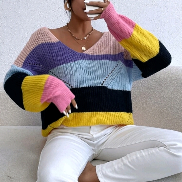 V-neck Colorblock Sweater Blouse - Picture 4 of 7